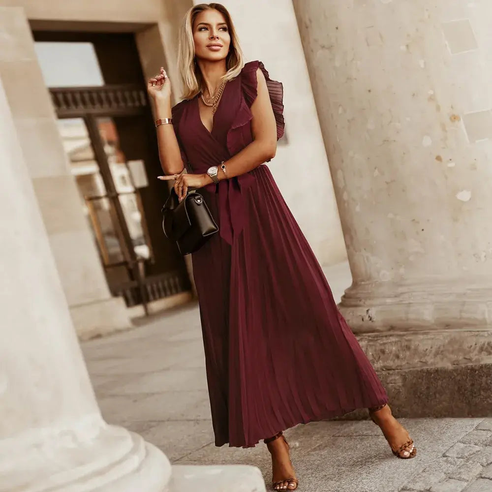 Celeste | Elegant White V-Neck Ruffle Maxi Dress Sleeveless