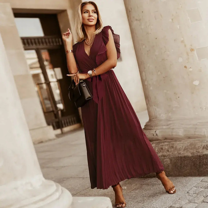 Celeste | Elegant White V-Neck Ruffle Maxi Dress Sleeveless