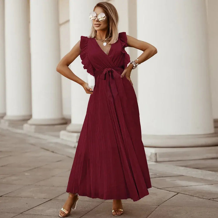 Celeste | Elegant White V-Neck Ruffle Maxi Dress Sleeveless