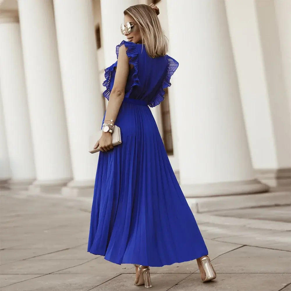 Celeste | Elegant White V-Neck Ruffle Maxi Dress Sleeveless