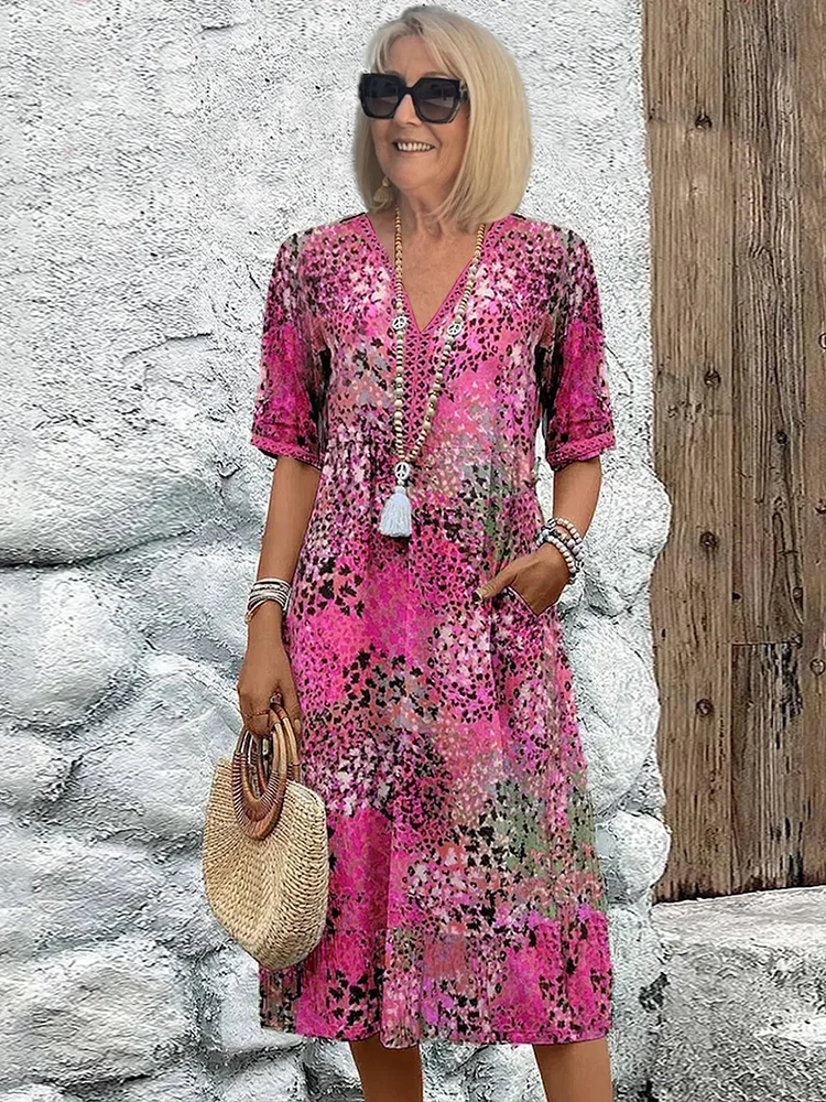Holly | Elegant V-Neck Floral Print Midi Dress With Short Sleeves