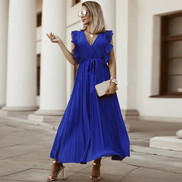 Celeste | Elegant White V-Neck Ruffle Maxi Dress Sleeveless