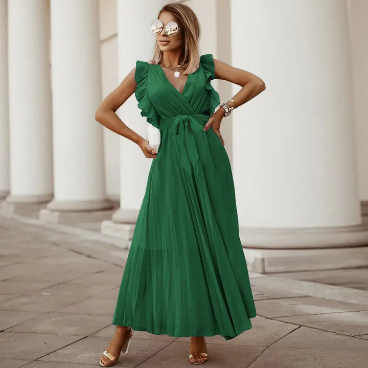 Seraphina | Elegant White Ruffle Maxi Dress V-Neck Sleeveless