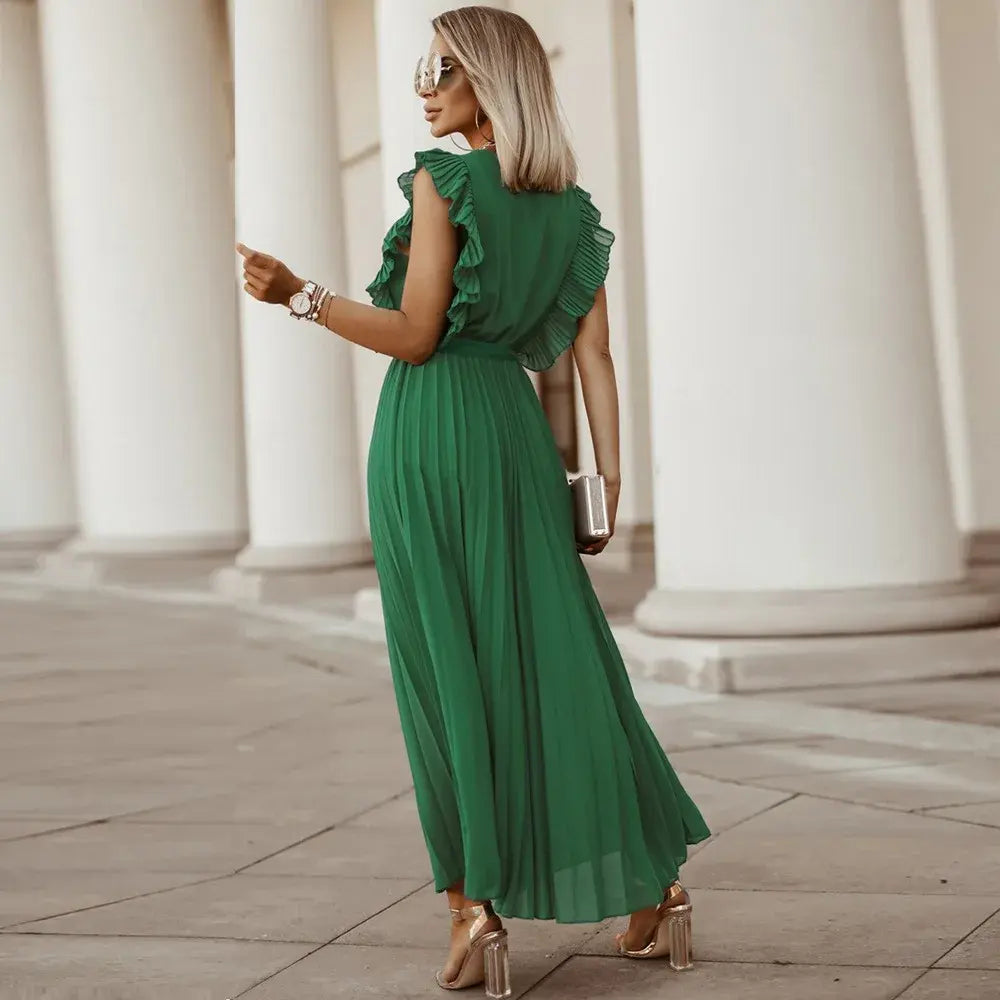 Seraphina | Elegant White Ruffle Maxi Dress V-Neck Sleeveless