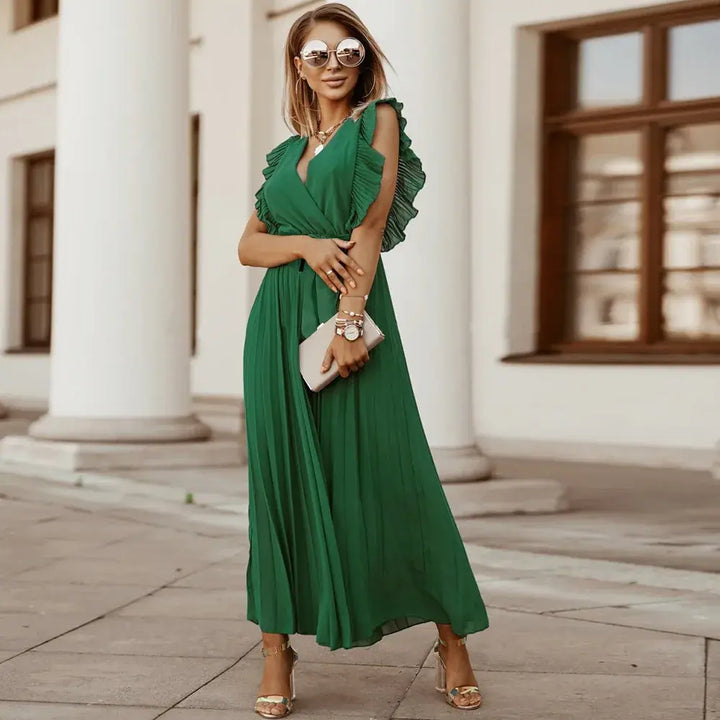Seraphina | Elegant White Ruffle Maxi Dress V-Neck Sleeveless