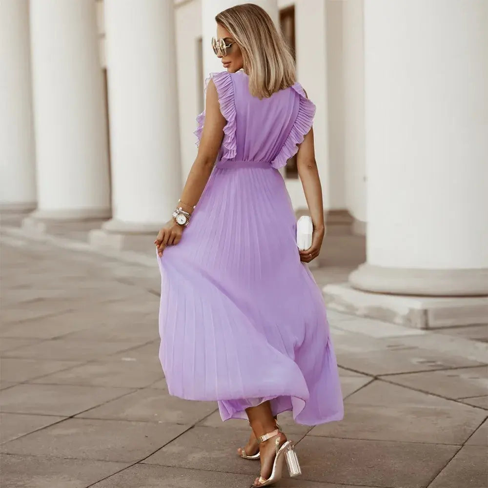 Celeste | Elegant White V-Neck Ruffle Maxi Dress Sleeveless