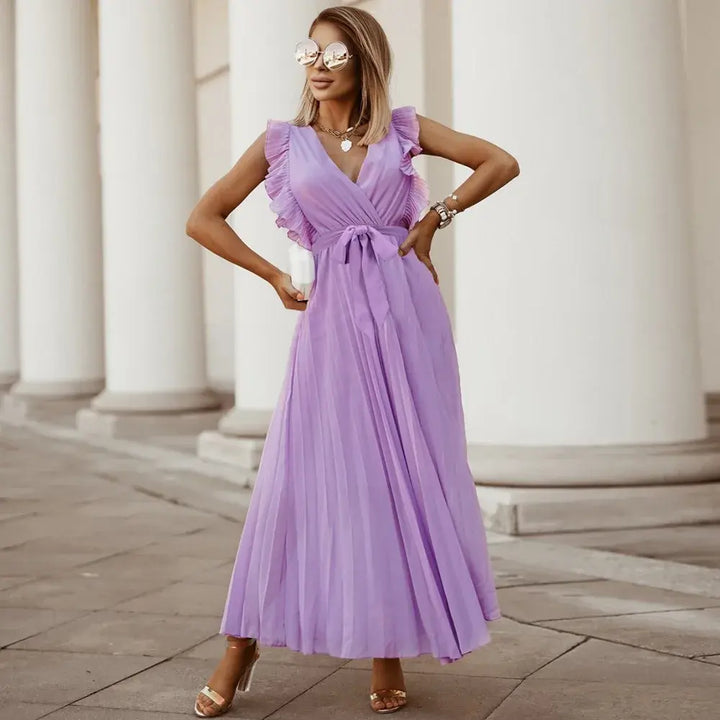 Seraphina | Elegant White Ruffle Maxi Dress V-Neck Sleeveless