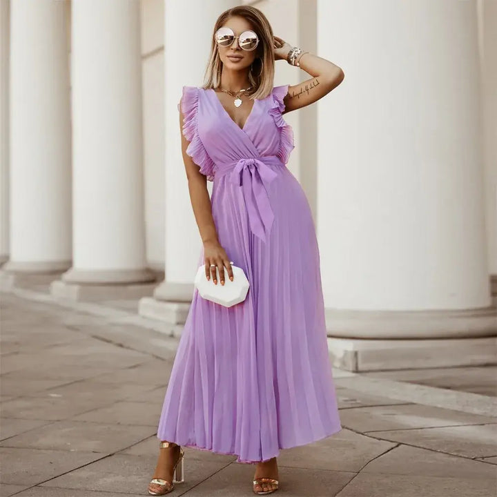Celeste | Elegant White V-Neck Ruffle Maxi Dress Sleeveless