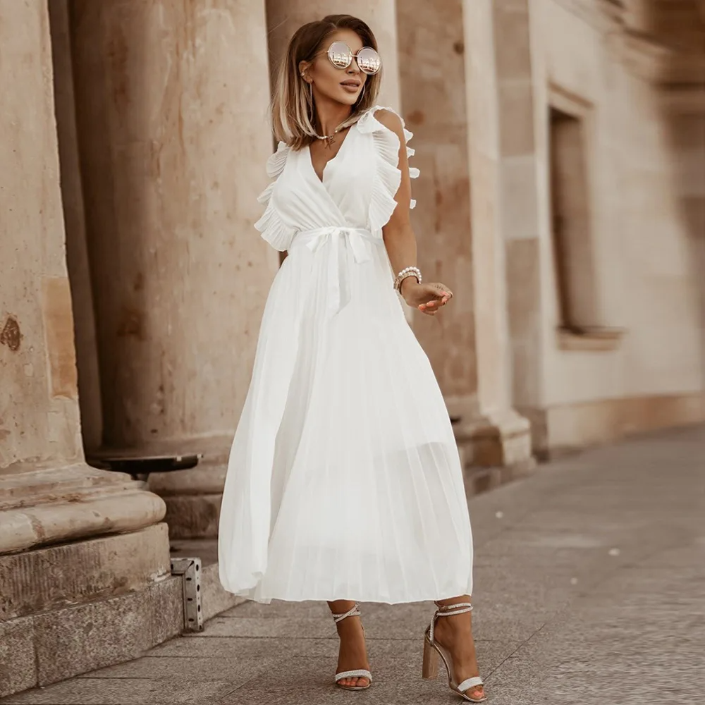 Celeste | Elegant White V-Neck Ruffle Maxi Dress Sleeveless