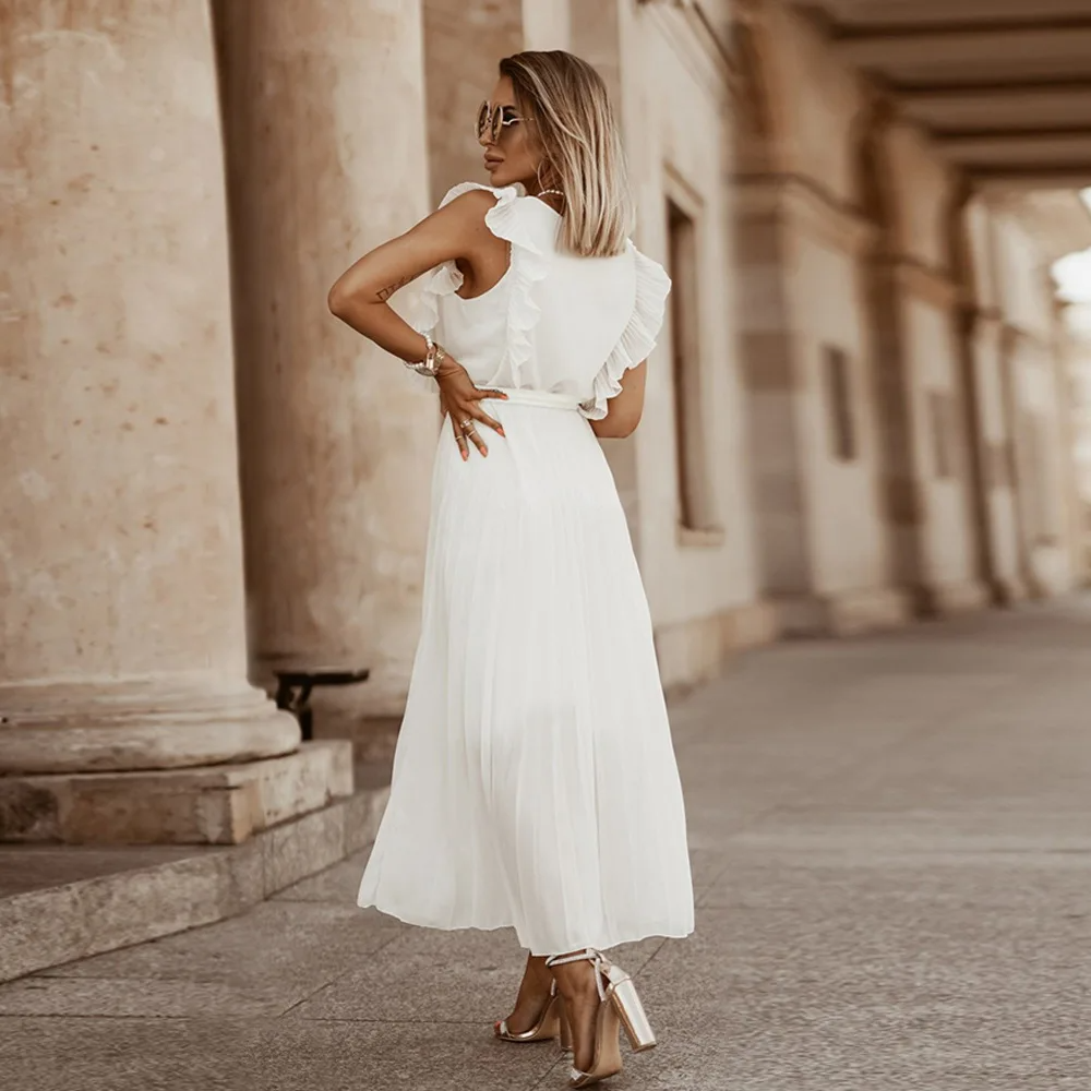 Seraphina | Elegant White Ruffle Maxi Dress V-Neck Sleeveless