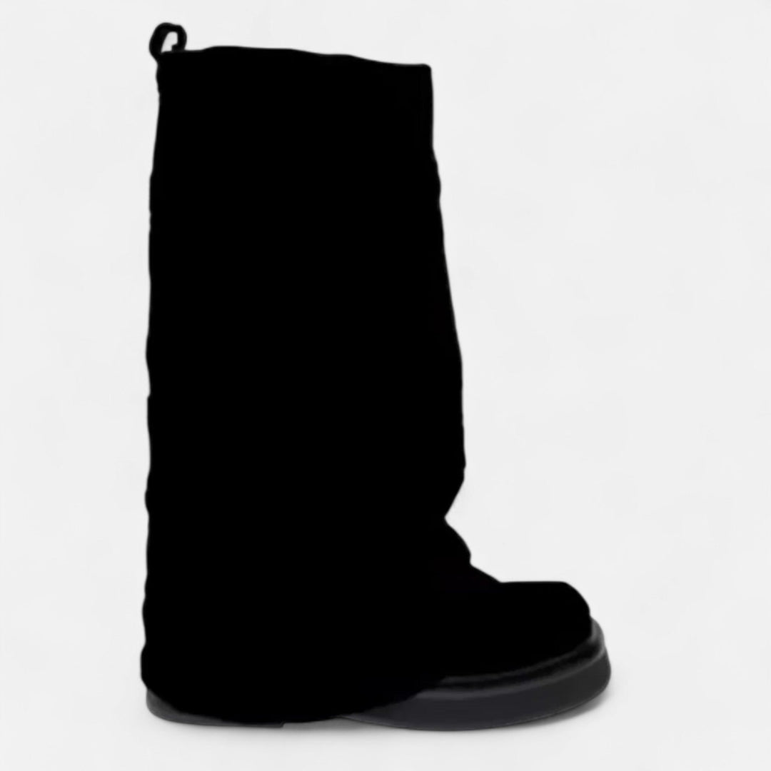 Rosie | Elegant Black Pleated Knee High Boots With Thick Sole