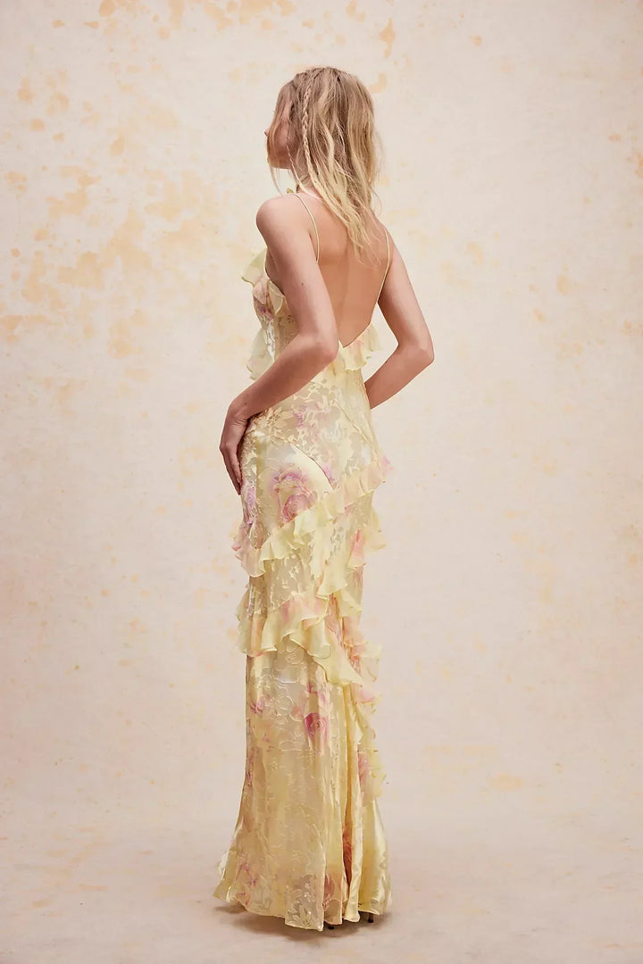 Sybil | Elegant Tiered Ruffle V-Neck Floral Maxi Dress