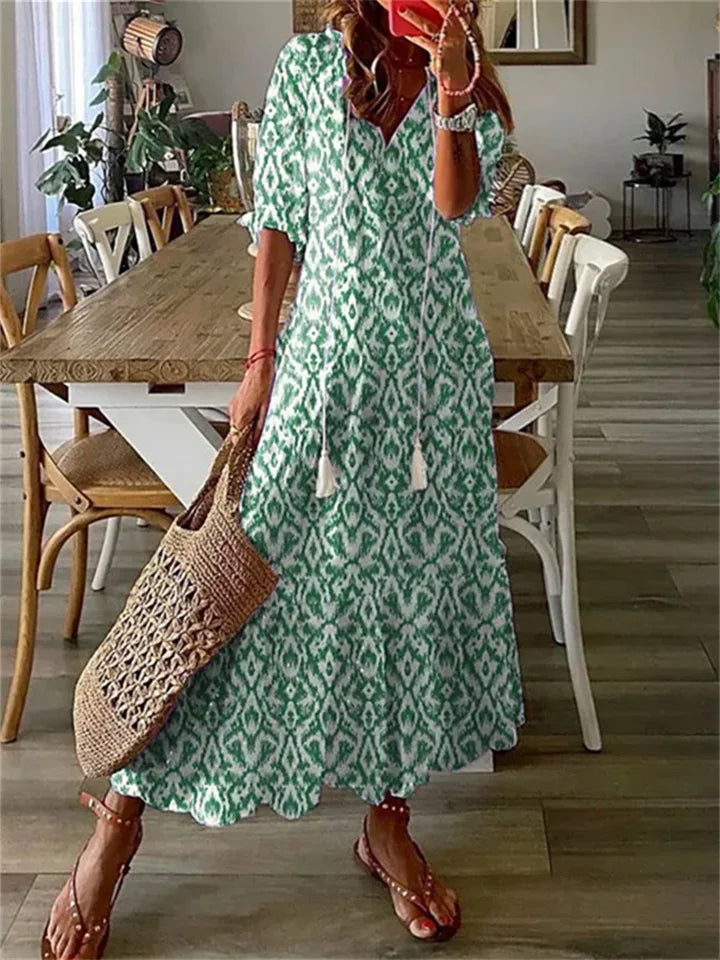 Evy | Elegant V-Neck Floral Print Maxi Dress With Short Sleeves