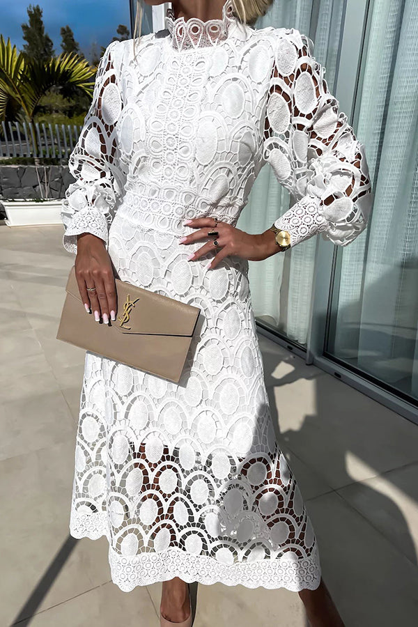 Roshel | Elegant High Neck Long Sleeve Lace Midi Dress
