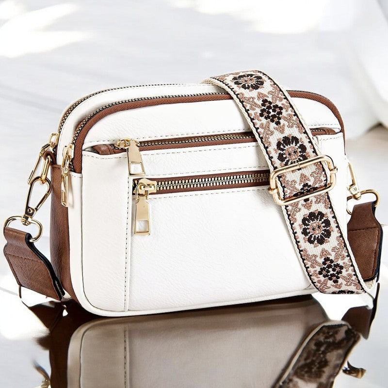 Phoebe | Elegant White Leather Crossbody Bag With Embroidered Strap