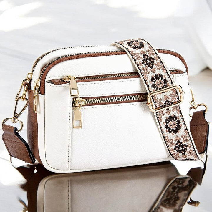 Phoebe | Elegant White Leather Crossbody Bag With Embroidered Strap
