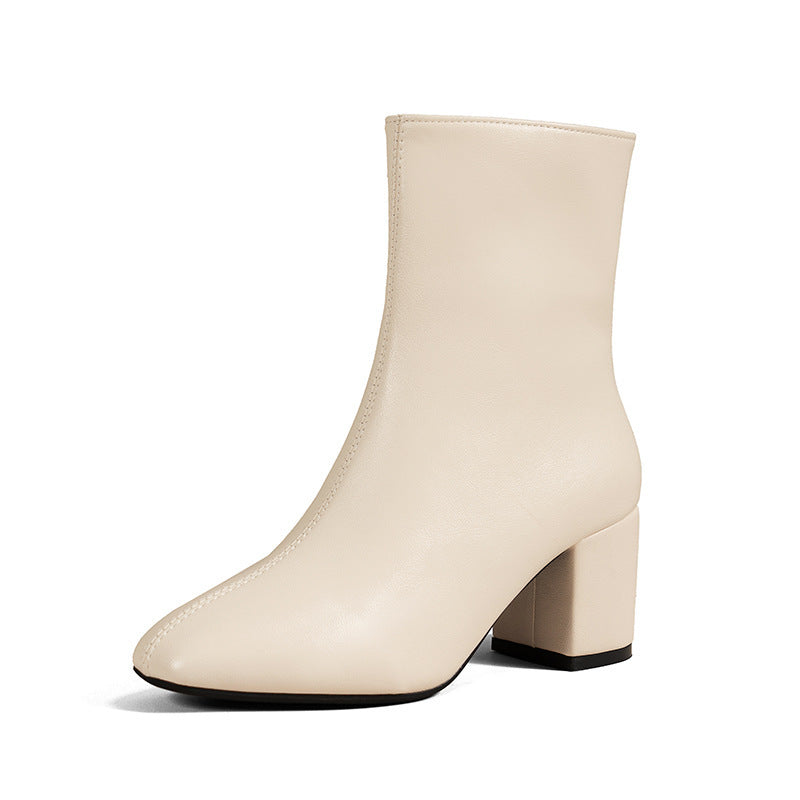 Georgina | Chic Block Heel Ankle Boots - Cream Faux Leather