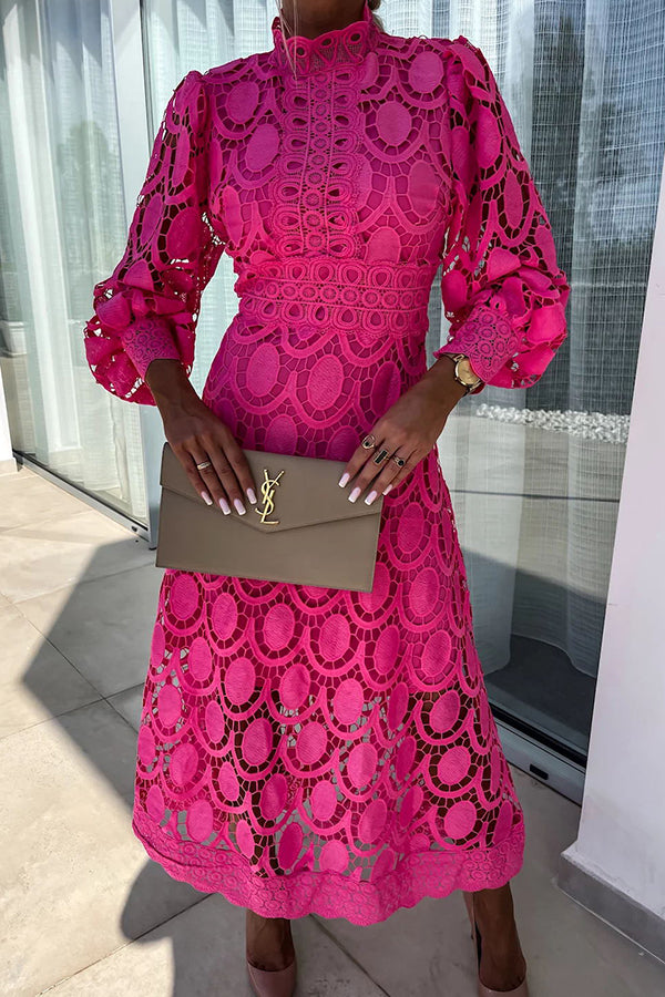 Roshel | Elegant High Neck Long Sleeve Lace Midi Dress