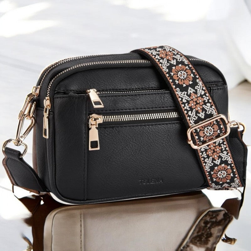 Phoebe | Elegant White Leather Crossbody Bag With Embroidered Strap