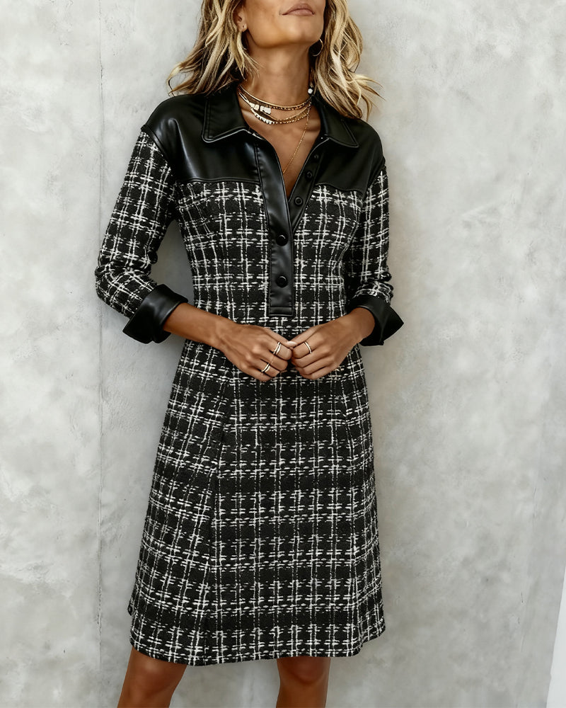 Sybil | Chic Tweed A-Line Shirt Dress With Leather Trim