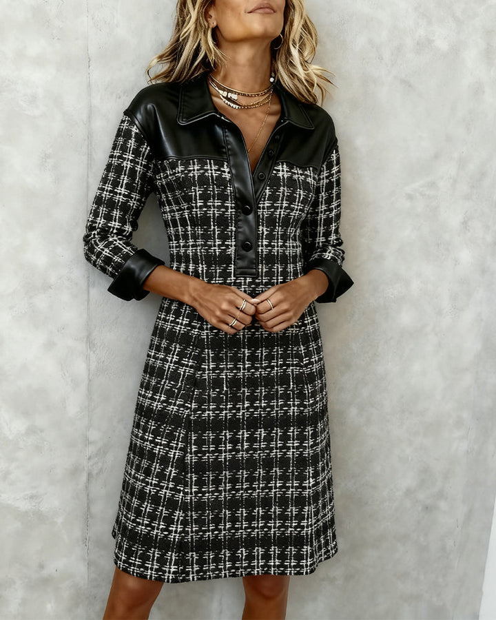 Sybil | Chic Tweed A-Line Shirt Dress With Leather Trim