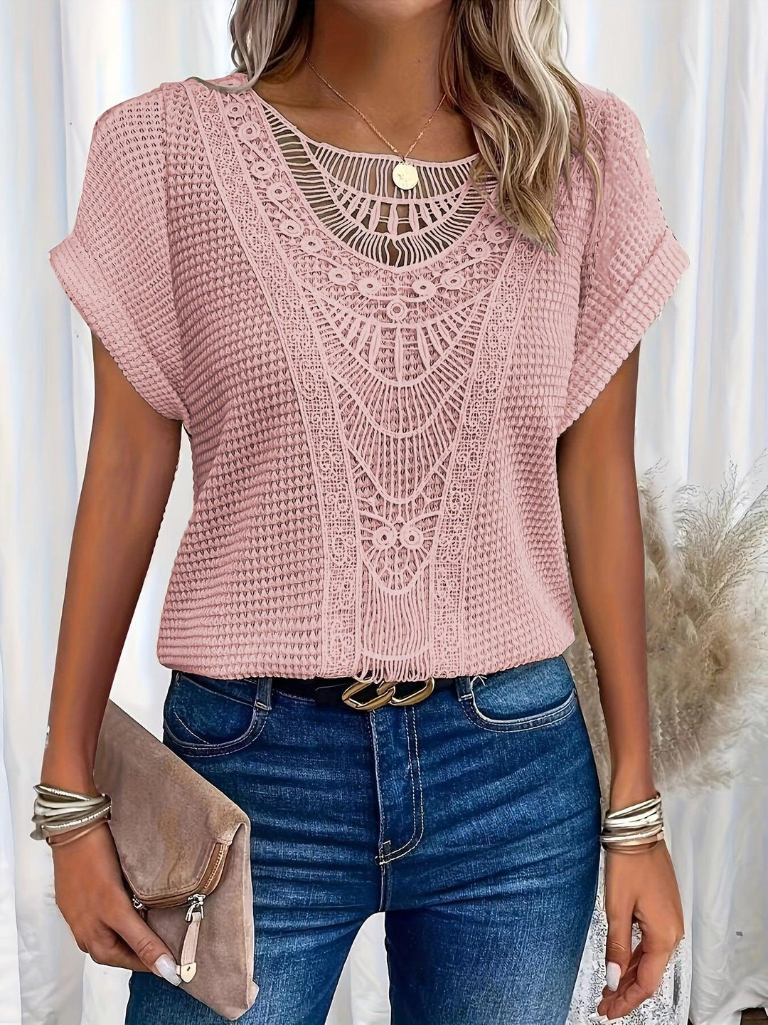 Wren | Elegant Crochet Lace Short Sleeve Knit Top