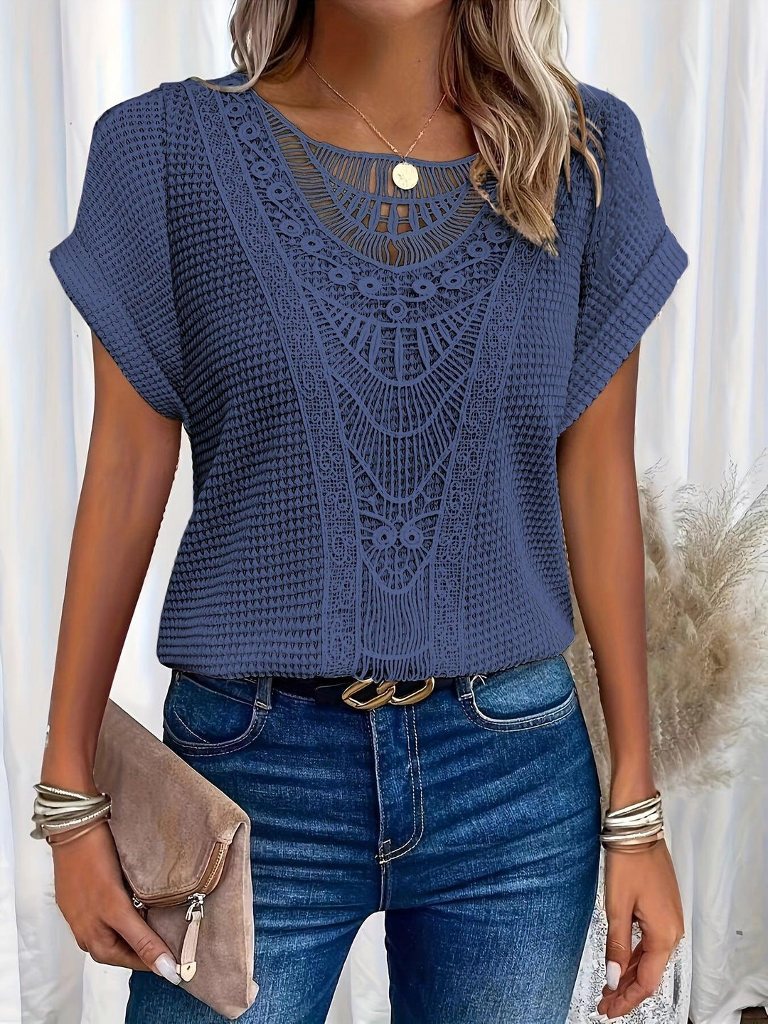 Wren | Elegant Crochet Lace Short Sleeve Knit Top