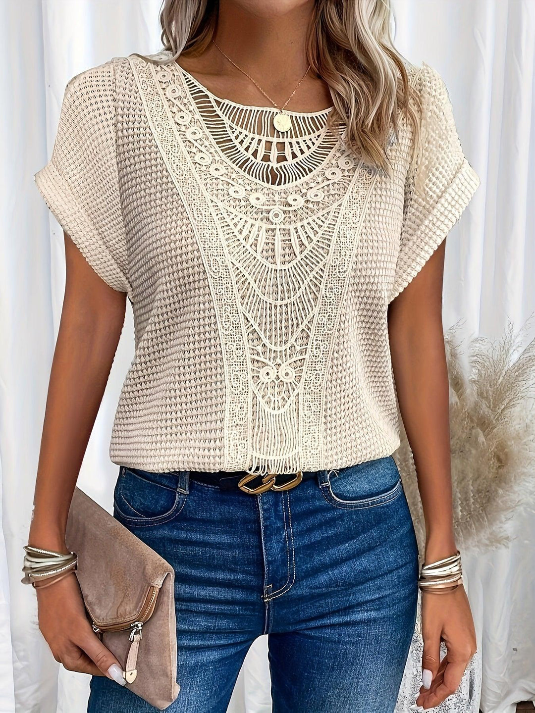 Harriet | Elegant Crochet Lace Short Sleeve Knit Top