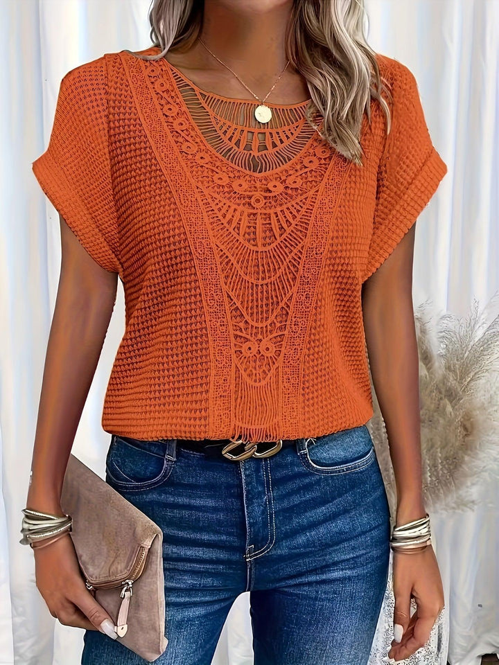 Wren | Elegant Crochet Lace Short Sleeve Knit Top