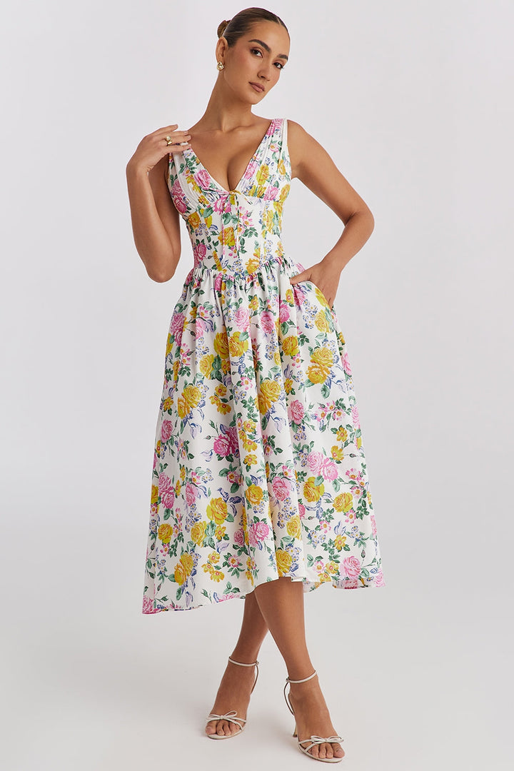 Rosie | Elegant V-Neck Floral Midi Dress