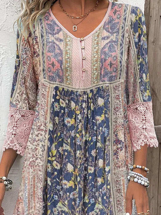 Hannah | Boho V-Neck Floral Maxi Dress With Lace Details