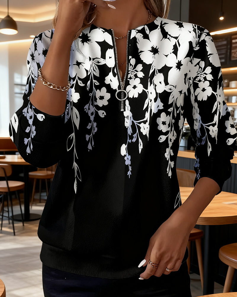 Sybil | Chic Floral Print Half Zip Sweatshirt With Long Sleeves