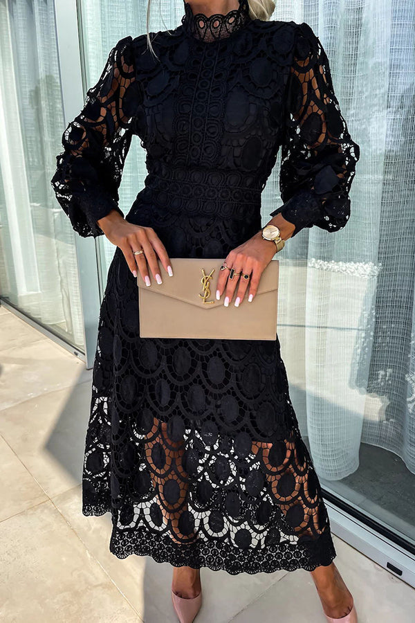 Roshel | Elegant High Neck Long Sleeve Lace Midi Dress