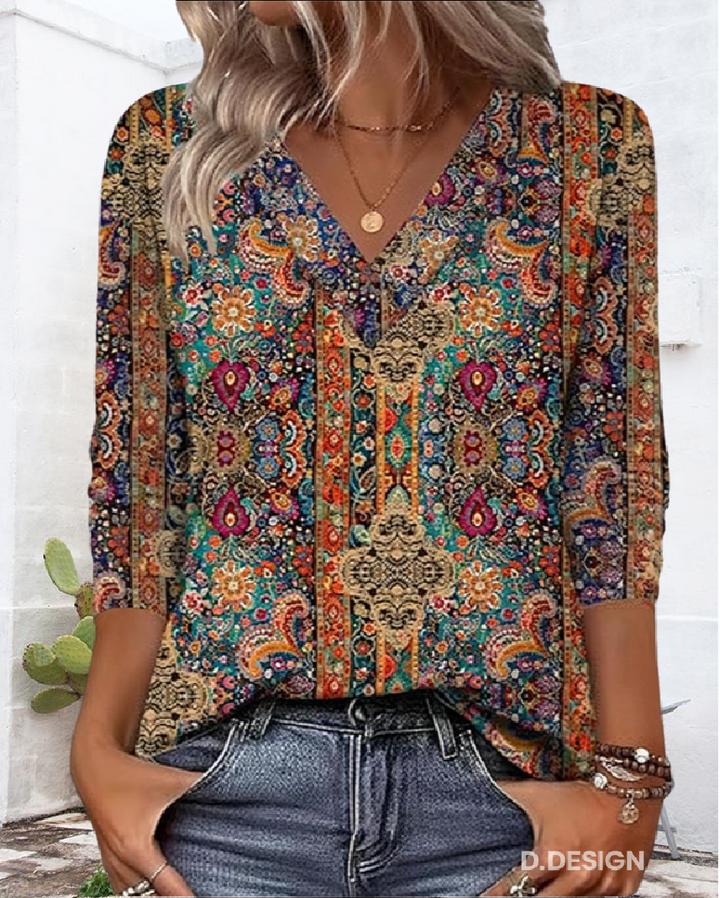 Genevieve | Bohemian V-Neck Paisley Print Blouse With 3/4 Sleeves