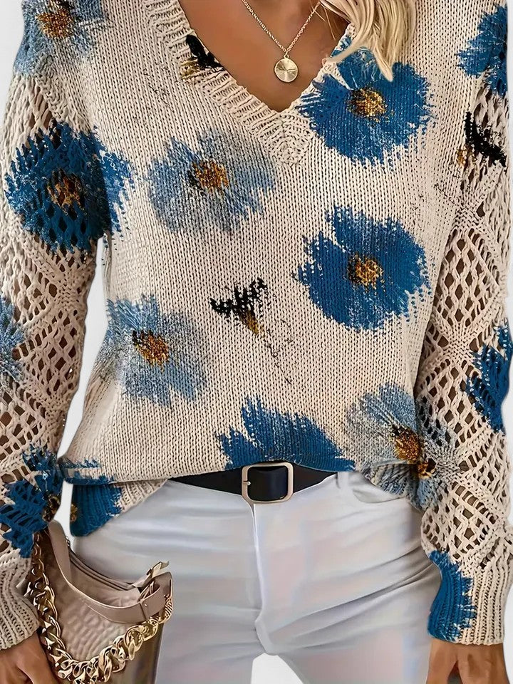 Millie | Elegant V-Neck Floral Knit Sweater With Lace Sleeves