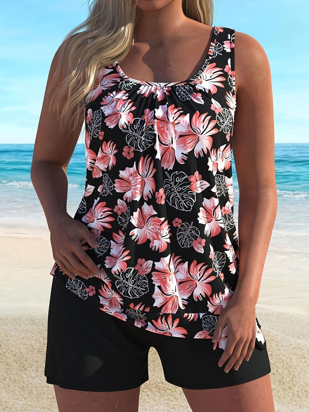 Kira | Stylish Tropical Floral Print Tankini With Shorts Set
