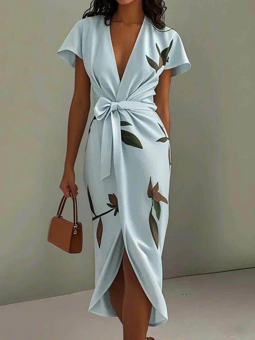 Evangeline | Elegant V-Neck Floral Wrap Midi Dress