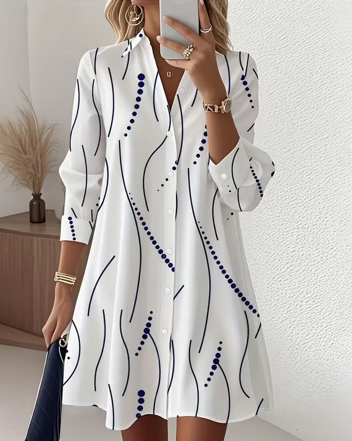 Kendra | Chic White Button-Up Shirt Dress With Wave Print