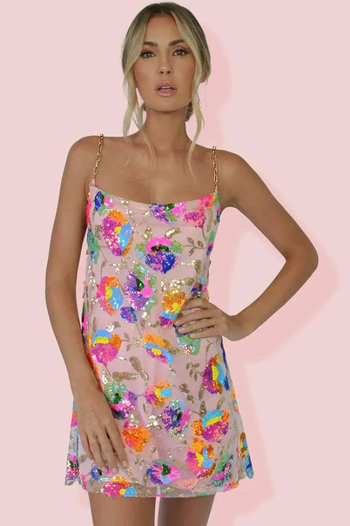 Chloe | Chic Sequin Floral Mini Dress With Chain Straps