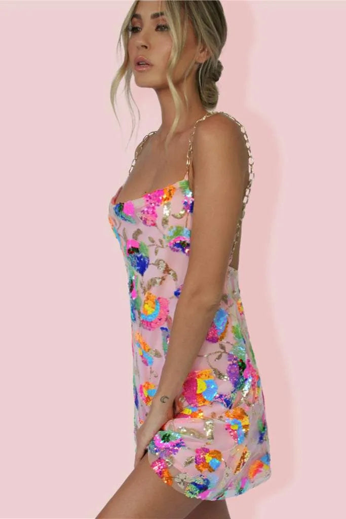 Chloe | Chic Sequin Floral Mini Dress With Chain Straps