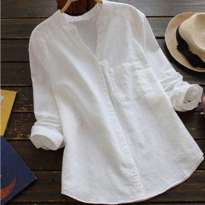 Women's White Linen Cotton Button Up Shirt Long Sleeve Casual Blouse