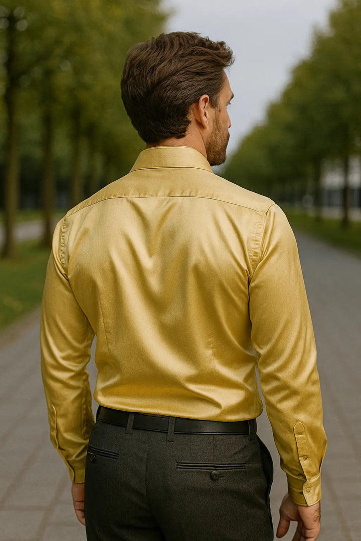 Tillie | Elegant Gold Satin Long Sleeve Formal Dress Shirt Men