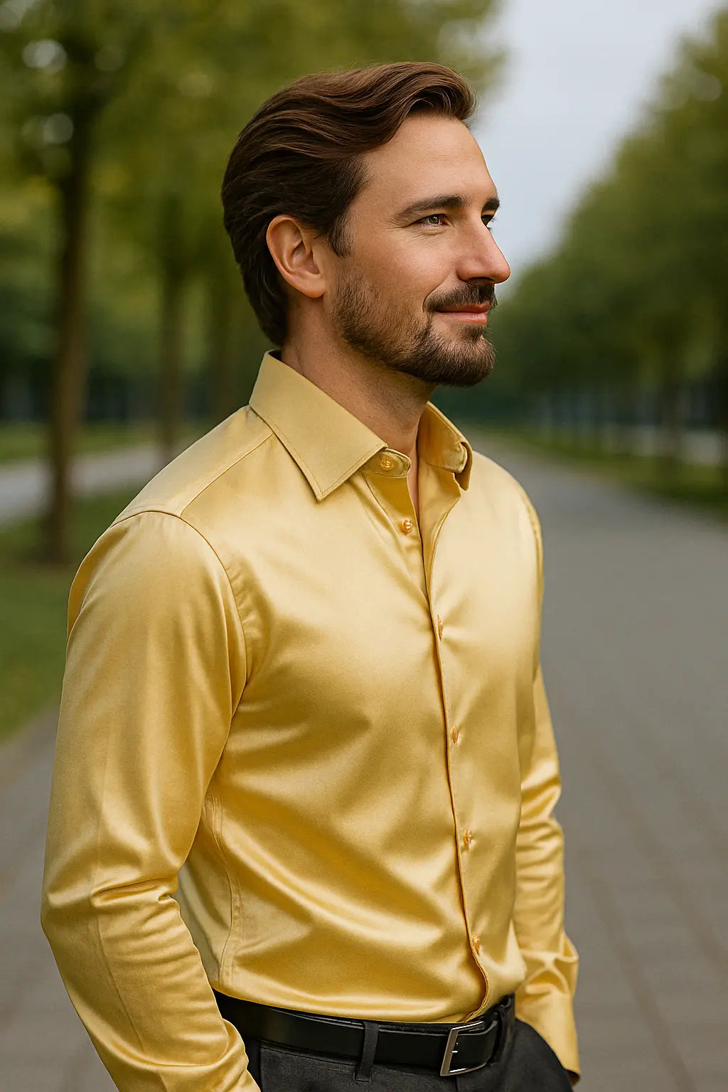 Tillie | Elegant Gold Satin Long Sleeve Formal Dress Shirt Men
