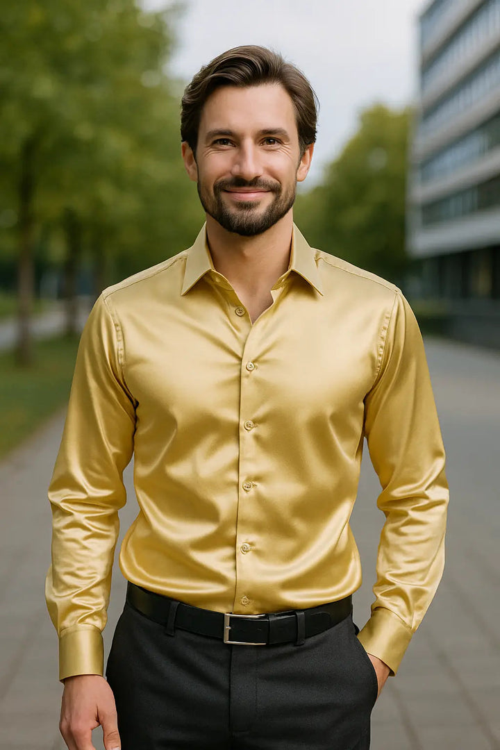 Tillie | Elegant Gold Satin Long Sleeve Formal Dress Shirt Men