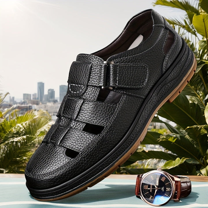 Tilly | Sleek Black Leather Fisherman Sandals For Men