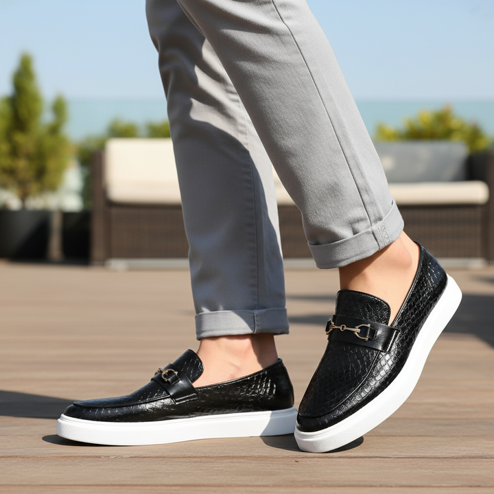 Elyse | Sleek Black Snake Print Loafers With Gold Buckle Detail