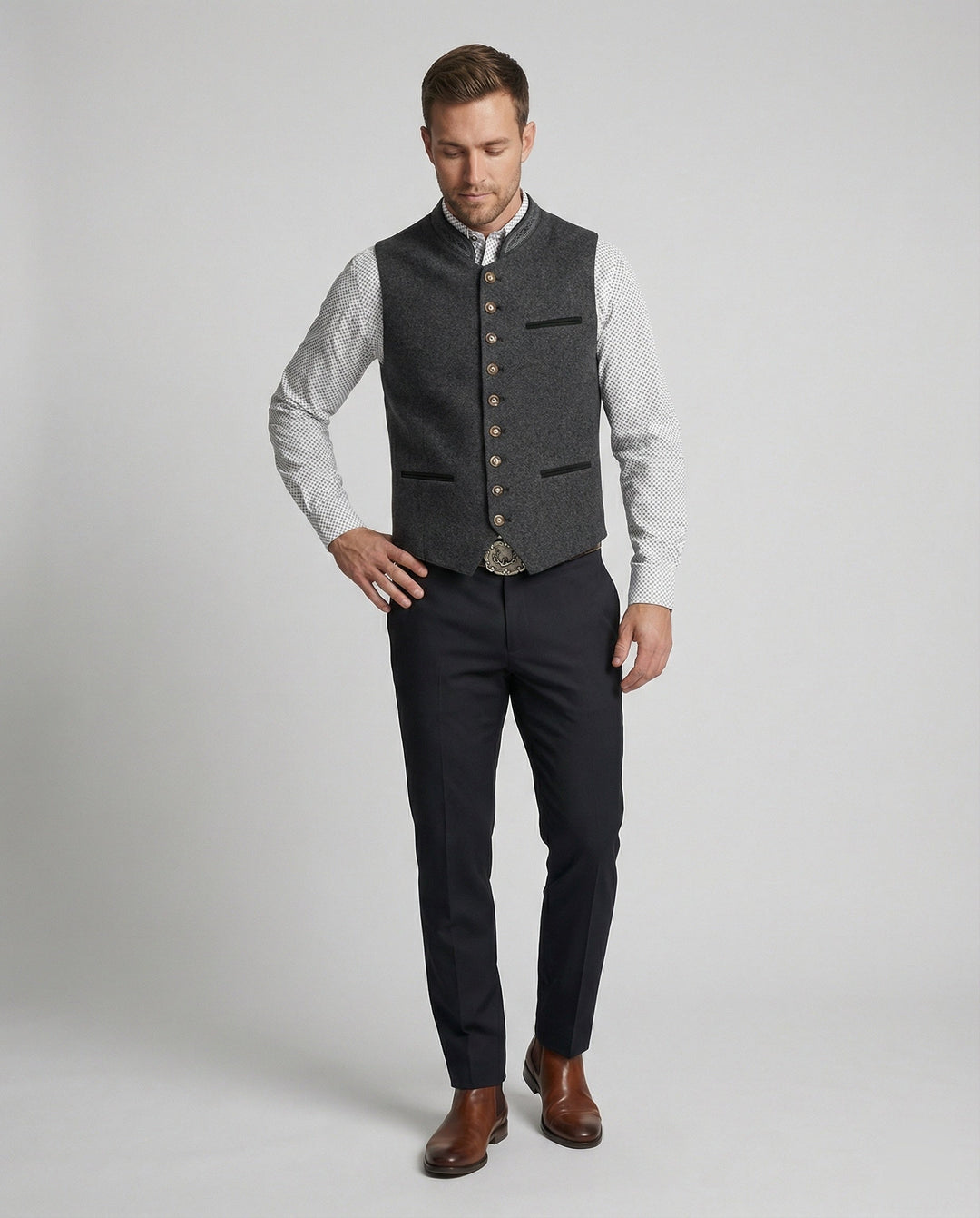Joaquin | Traditional Gray Stand Collar Button-Up Vest