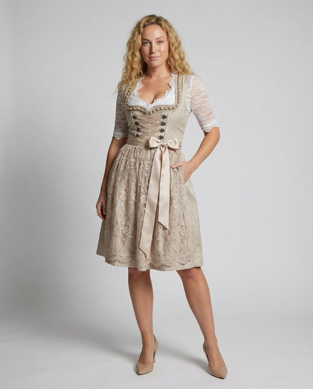 Lara | Elegant Lace Midi Dirndl Dress With Lace-Up Bodice