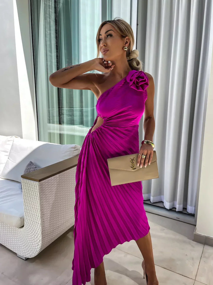 Isabella | Chic One Shoulder Pleated Midi Dress