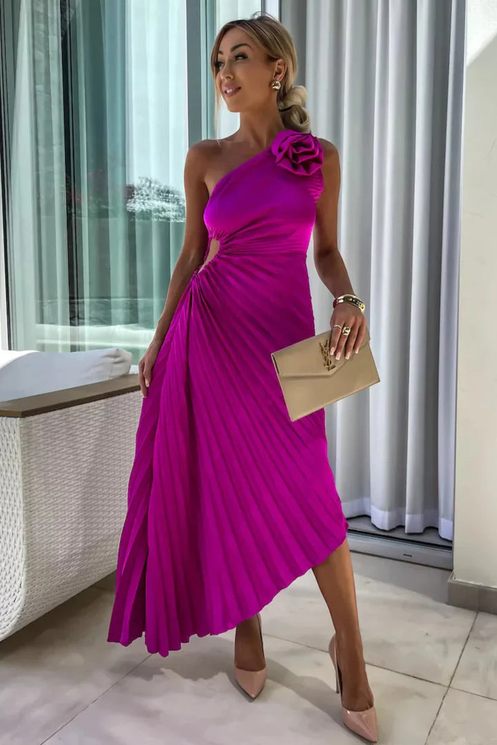 Sybil | Elegant One-Shoulder Pleated Midi Dress